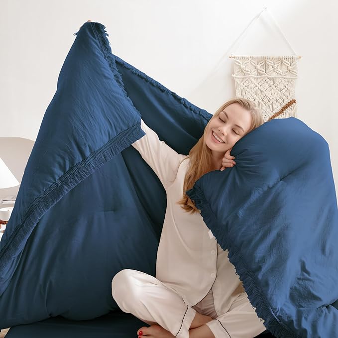 Andency Navy Blue Comforter King Size, 3 Pieces Boho Tassel Lightweight Bedding Comforter Sets for King Bed, All Season Soft Fluffy Fringe Bed Set (104x90In Comforter & 2 Pillowcases) - LeafyLoom