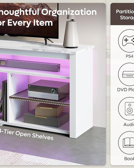 Bestier LED Tall Entertainment Center, 55 inch TV Stand for 55/60/65 inch TV, TV Console with Storage for PS5, Media TV Cabinet with Adjustable Shelf for Living Room, White Marble - LeafyLoom