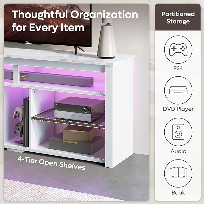 Bestier LED Tall Entertainment Center, 55 inch TV Stand for 55/60/65 inch TV, TV Console with Storage for PS5, Media TV Cabinet with Adjustable Shelf for Living Room, White Marble - LeafyLoom
