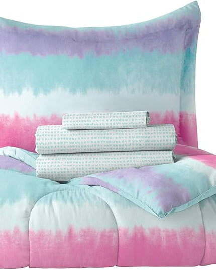 dream FACTORY Tie Dye Stripe 5-Piece Microfiber Bag Comforter Bedding Set Super Soft-Twin, Purple Multi,2D871601MU - LeafyLoom