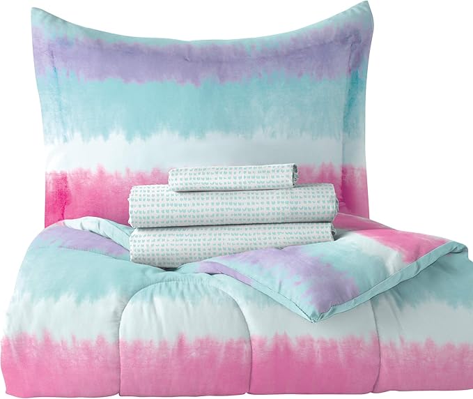 dream FACTORY Tie Dye Stripe 5-Piece Microfiber Bag Comforter Bedding Set Super Soft-Twin, Purple Multi,2D871601MU - LeafyLoom