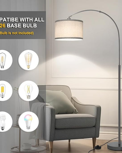 Arc Floor Lamp, Modern Floor Lamp for Living Room with Adjustable Lamp Head, Tall Pole Lamp with Gray Lampsahde and On/Off Pedal Switch, Over Couch Reading Light for Bedroom, Office, Study Room - LeafyLoom