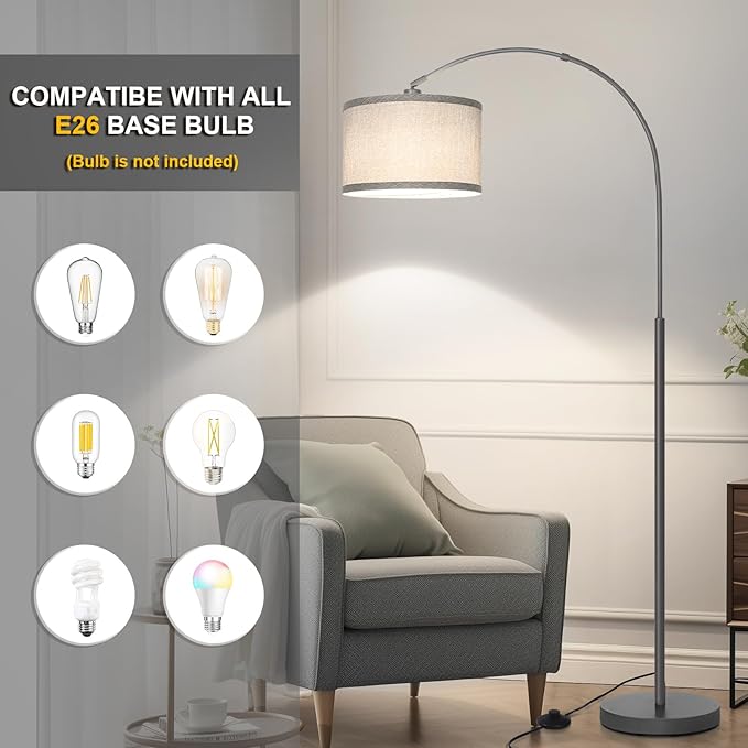 Arc Floor Lamp, Modern Floor Lamp for Living Room with Adjustable Lamp Head, Tall Pole Lamp with Gray Lampsahde and On/Off Pedal Switch, Over Couch Reading Light for Bedroom, Office, Study Room - LeafyLoom