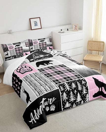 Rustic Farmhouse Comforter Set Full Size,Deer Bear Wolf Hunting Animals Bedding Set for Kids Boys Girls Adults Room Decor,Pine Trees Patchwork Down Comforter,Pink Xmas Duvet Insert,2 Pillowcases - LeafyLoom