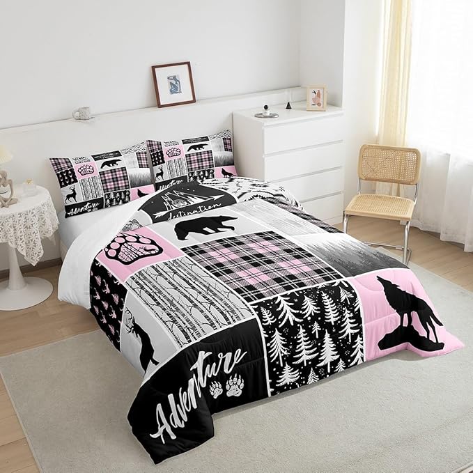 Rustic Farmhouse Comforter Set Full Size,Deer Bear Wolf Hunting Animals Bedding Set for Kids Boys Girls Adults Room Decor,Pine Trees Patchwork Down Comforter,Pink Xmas Duvet Insert,2 Pillowcases - LeafyLoom