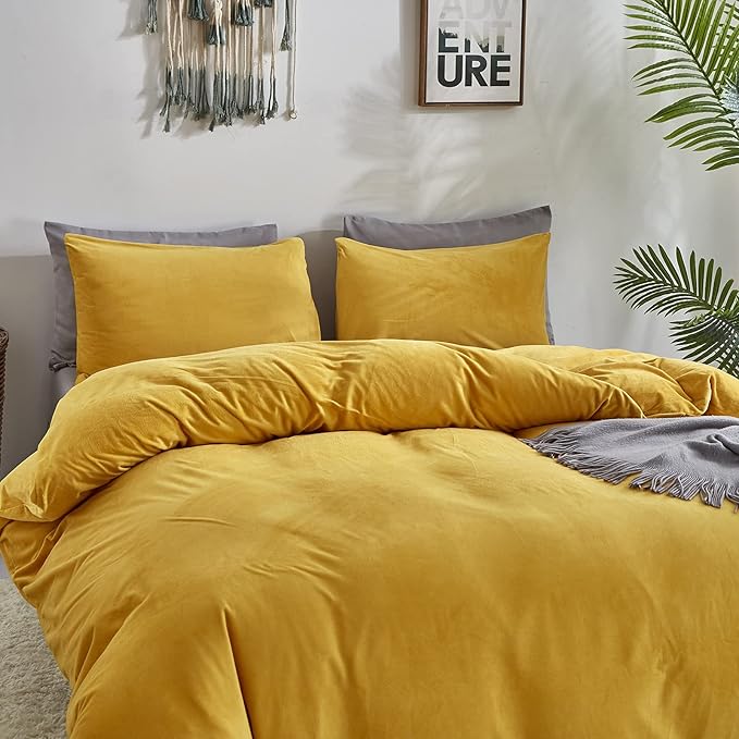 Wellboo Yellow Velvet Comforter Sets Twin Solid Mustard Yellow Fluffy Bedding Comforters Women Girls Plain Turmeric Yellow Sherpa Quilts Dark Yellow Soft Warm Winter Bed Blankets Luxlury Yellow Bed - LeafyLoom