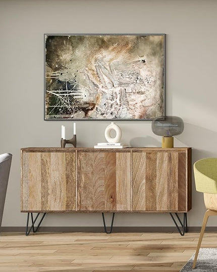 SIMPLIHOME Hunter SOLID MANGO WOOD and Iron 60 inch x 18 inch Rectangle Contemporary 3 Door Sideboard Buffet in Natural for The Dining Room and Kitchen - LeafyLoom