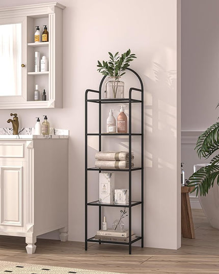 Bookcase Bookshelf, Tempered Glass Bookshelves, Slim Shelving Unit for Bedroom, Bathroom, Home Office, Steel Frame, 5 Tier Black BC05001B - LeafyLoom