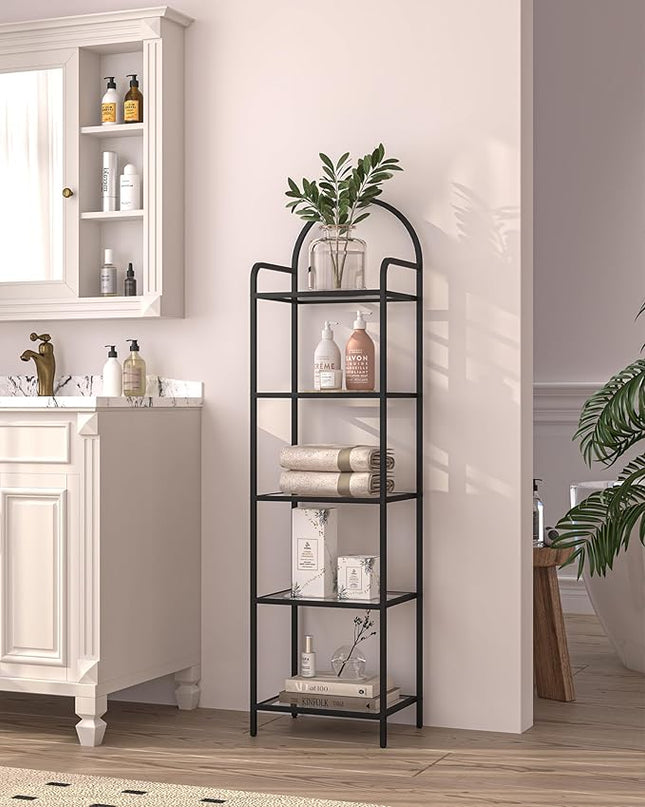 Bookcase Bookshelf, Tempered Glass Bookshelves, Slim Shelving Unit for Bedroom, Bathroom, Home Office, Steel Frame, 5 Tier Black BC05001B - LeafyLoom