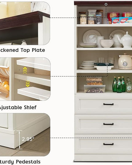 72" Tall Bookshlef with 3 Drawers, Farmhouse 4-Tier Bookcase with Adjustable Shlef, Wooden Storage Cabinet for Living Room, Kitchen, Home Office, Dining Room, White - LeafyLoom