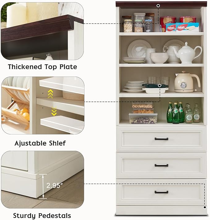 72" Tall Bookshlef with 3 Drawers, Farmhouse 4-Tier Bookcase with Adjustable Shlef, Wooden Storage Cabinet for Living Room, Kitchen, Home Office, Dining Room, White - LeafyLoom