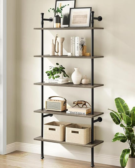 5 Tier Shelf, Wall Mounted Bookshelf, Industrial Bookcase, Open Display Shelves Tall Modern Book Case Standing Leaning Wall Shelves for Living Room Bedroom Home Office Kitchen, Oak Gray - LeafyLoom