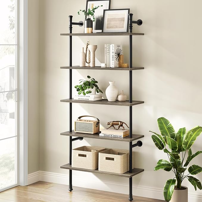5 Tier Shelf, Wall Mounted Bookshelf, Industrial Bookcase, Open Display Shelves Tall Modern Book Case Standing Leaning Wall Shelves for Living Room Bedroom Home Office Kitchen, Oak Gray - LeafyLoom