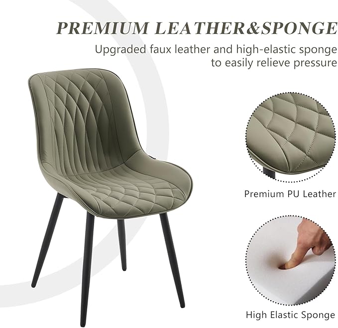 YOUNIKE Olive Green Dining Chairs set of 2 with High Backs Mid Century Modern Kitchen & Dining Room Chairs PU Faux Leather Upholstered sillas de comedor Comfortable Padded Accent Chairs with Metal Leg - LeafyLoom