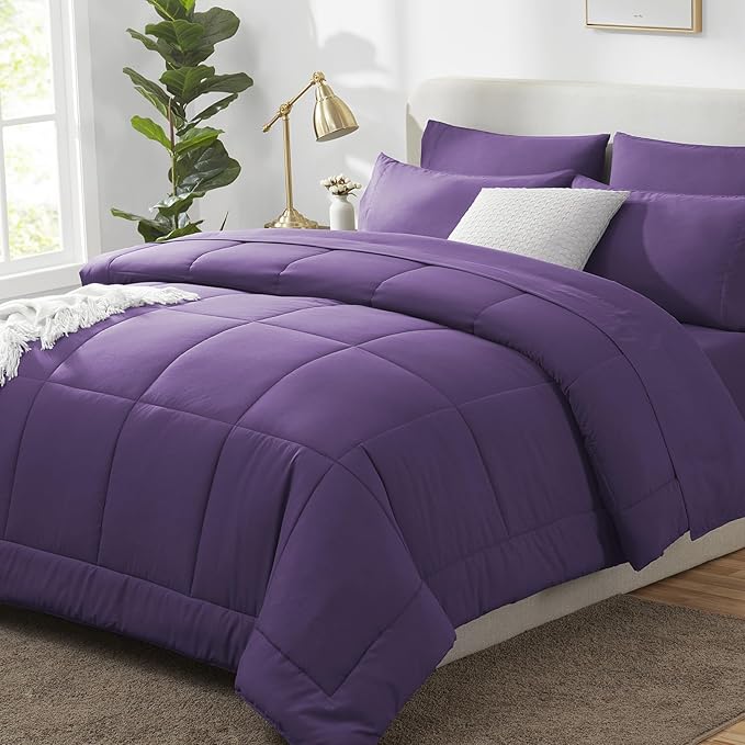 CozyLux Queen Size Comforter Set - 7 Pieces Bed in a Bag Set Purple, Bedding Sets Queen with All Season Quilted Comforter, Flat Sheet, Fitted Sheet, Pillowcases, Purple, Queen - LeafyLoom