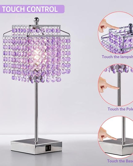 Luvkczc Bedside Crystal Table Lamp, Touch Crystal Lamps with USB C+A Ports, 3-Way Dimmable Purple Lamp with Crystal Shade for Girl Bedroom, Living Room, 6W B11 Bulb Included - LeafyLoom