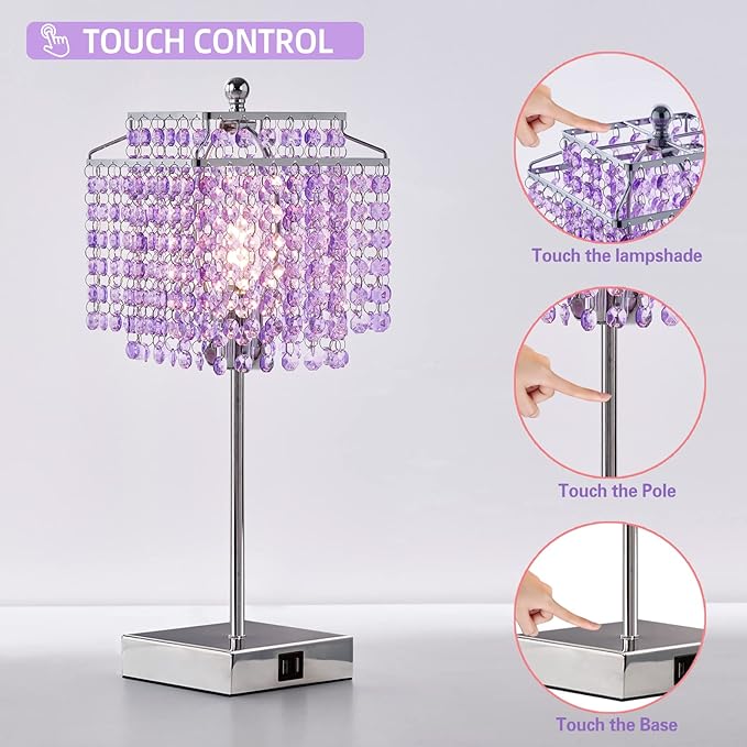 Luvkczc Bedside Crystal Table Lamp, Touch Crystal Lamps with USB C+A Ports, 3-Way Dimmable Purple Lamp with Crystal Shade for Girl Bedroom, Living Room, 6W B11 Bulb Included - LeafyLoom