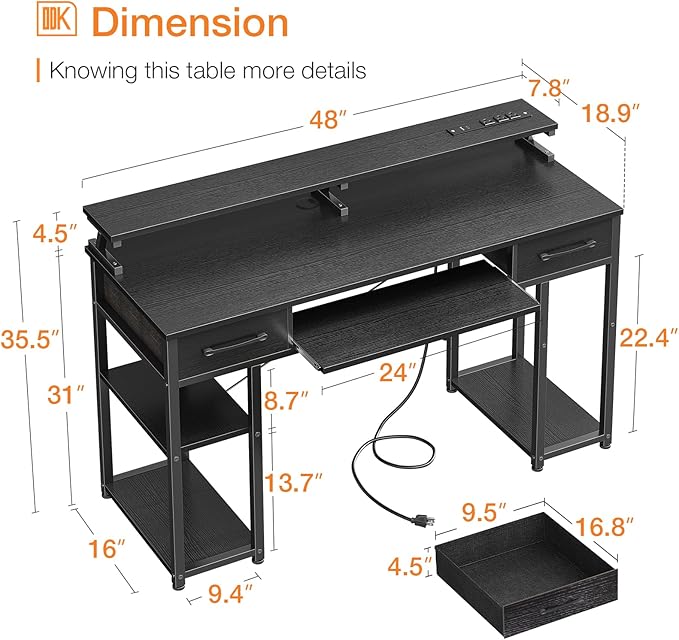 ODK Computer Desk with Drawers & Power Outlet, 48 Inch Office Desk with Keyboard Tray & Storage Shelves & PC Stand, Office Table Work Desk with Monitor Stand, Black - LeafyLoom