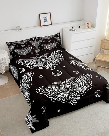 Boys Boho Moth Comforter Set Full Size Men Gothic Skull Bedding Set for Girls Women Bedroom Decor Bohemian Moon Star Comforter Personalized Moth Skull Skeleton Bones Duvet Set Teens Quilt Set - LeafyLoom