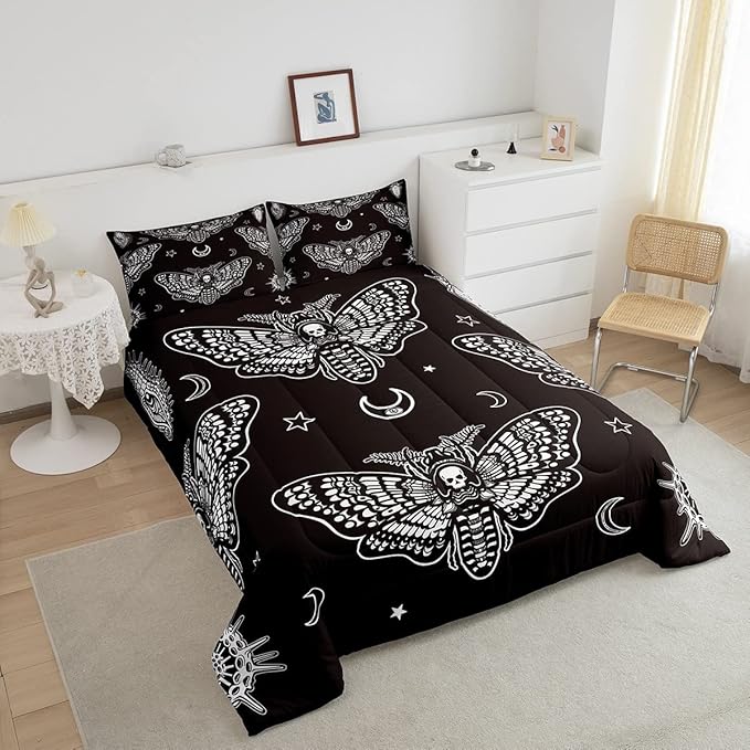 Boys Boho Moth Comforter Set Queen Size Men Gothic Skull Bedding Set for Girls Women Bedroom Decor Bohemian Moon Star Comforter Personalized Moth Skull Skeleton Bones Duvet Set Teens Quilt Set - LeafyLoom