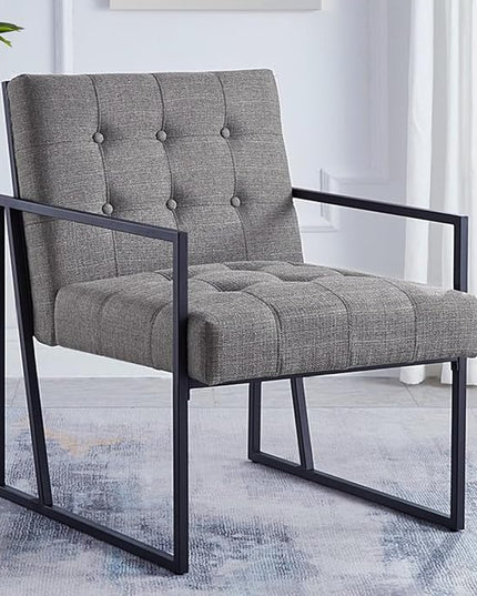 24KF Mid-Century Granite Linen Button Tufted Accent Chair with Metal Stand, Decorative Furniture Chairs for Living Room Bedroom - Granite - LeafyLoom