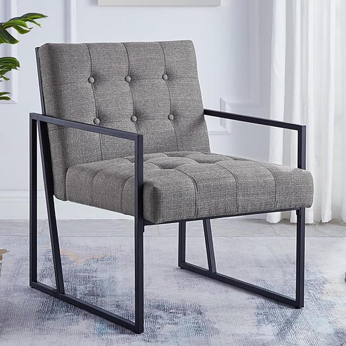 24KF Mid-Century Granite Linen Button Tufted Accent Chair with Metal Stand, Decorative Furniture Chairs for Living Room Bedroom - Granite - LeafyLoom