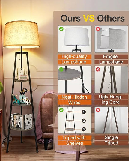 OUTON Tripod Floor Lamp with Shelves, Modern Shelf Floor Lamp with 3 Color Temperature, LED Dimmable Tall Standing Corner Lamp with Beige Linen Texture Shade for Living Room, Bedroom, Office, Grey - LeafyLoom