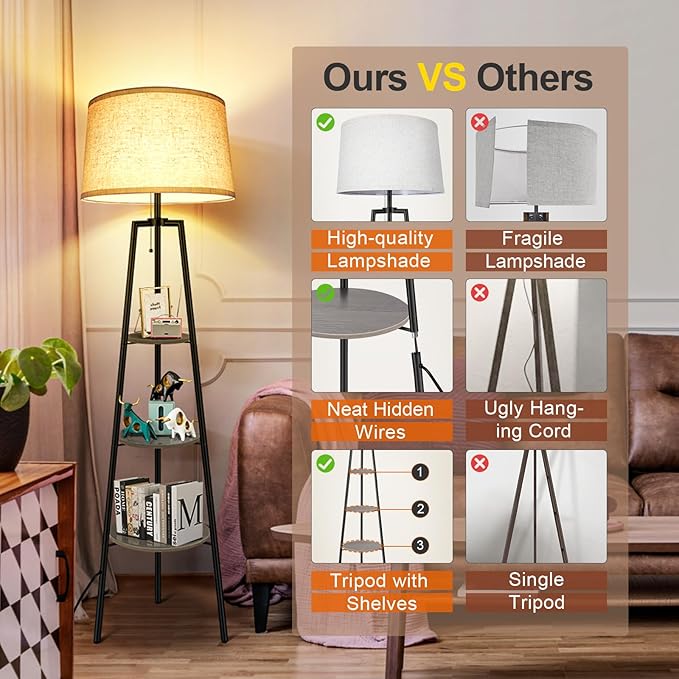 OUTON Tripod Floor Lamp with Shelves, Modern Shelf Floor Lamp with 3 Color Temperature, LED Dimmable Tall Standing Corner Lamp with Beige Linen Texture Shade for Living Room, Bedroom, Office, Grey - LeafyLoom