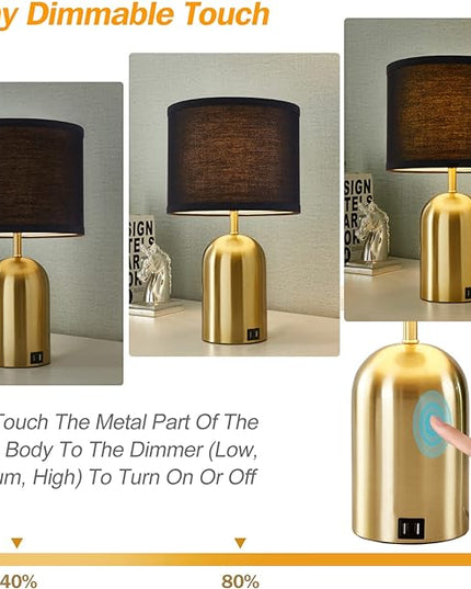 3-Way Dimmable Table Lamp Set of 2 for Living Room,Touch Control Modern Bedside Lamps with 2 USB Ports Nightstand Lamp with Black Shade and Gold Base for Bedroom Reading Room Hotel Office - LeafyLoom