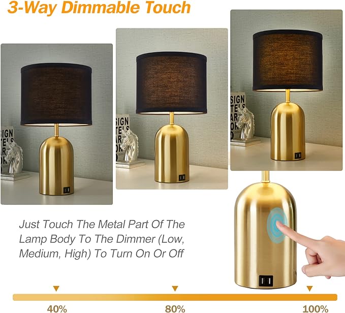 3-Way Dimmable Table Lamp Set of 2 for Living Room,Touch Control Modern Bedside Lamps with 2 USB Ports Nightstand Lamp with Black Shade and Gold Base for Bedroom Reading Room Hotel Office - LeafyLoom