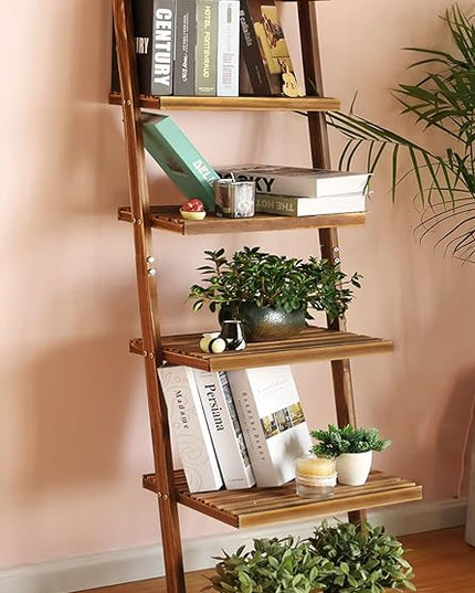 HYNAWIN 6 tier bookshelf ladder shelf-Large Bamboo Storage Shelves Wall Leaning Shelf for Garage, Kitchen, Office,Corner Display Bookcase - LeafyLoom