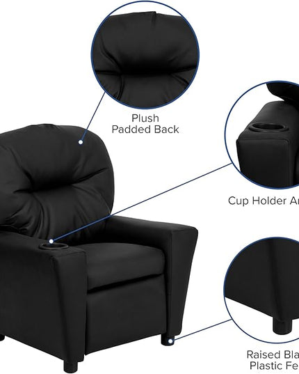 Flash Furniture Chandler LeatherSoft Kids Recliner with Cup Holder and Safety Recline, Contemporary Reclining Chair for Kids, Supports up to 90 lbs., Black - LeafyLoom