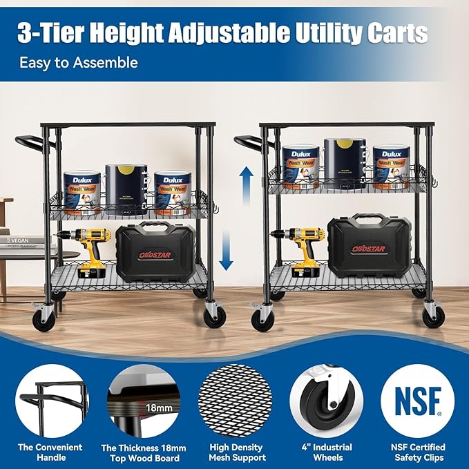 3 Tier Heavy Duty Rolling Utility Cart with Wood Top, NSF Certified Commercial Grade Rolling Carts with Wheels, Handle Bar, Shelf Liner, Trolley Serving Cart for Kitchen, Black - LeafyLoom