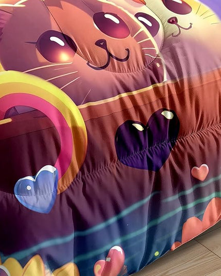 Cat Bedding Set Queen Size, Cartoon Cat Comforter Set, Lovely Animal Pattern and Rainbow Prints Bedding Sets for Kids Girls Kawaii Cat Queen Size Quilt Sets with 2 Pillowcases - LeafyLoom