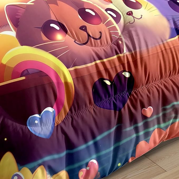 Cat Bedding Set Queen Size, Cartoon Cat Comforter Set, Lovely Animal Pattern and Rainbow Prints Bedding Sets for Kids Girls Kawaii Cat Queen Size Quilt Sets with 2 Pillowcases - LeafyLoom