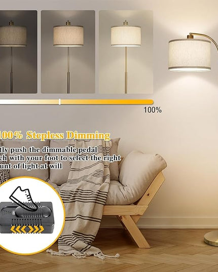 Boncoo LED Floor Lamp Fully Dimmable Modern Standing Lamp Arc Floor Lamp with Adjustable Drum Shade, Gold Tall Pole Reading Lamp Corner Light for Living Room Bedroom Study Room, Bulb Included - LeafyLoom