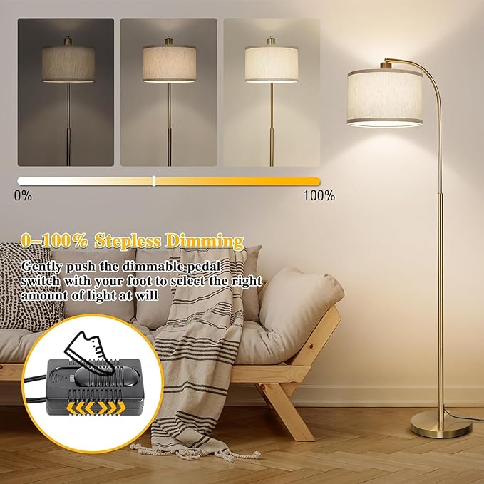Boncoo LED Floor Lamp Fully Dimmable Modern Standing Lamp Arc Floor Lamp with Adjustable Drum Shade, Gold Tall Pole Reading Lamp Corner Light for Living Room Bedroom Study Room, Bulb Included - LeafyLoom