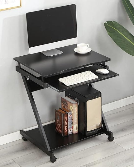 sogesfurniture Small Computer Desk on Wheels, Mobile Computer Desk Small Rolling Work Workstation with Printer Shelf and Keyboard Space Computer Workstation for Home and Office,Black - LeafyLoom
