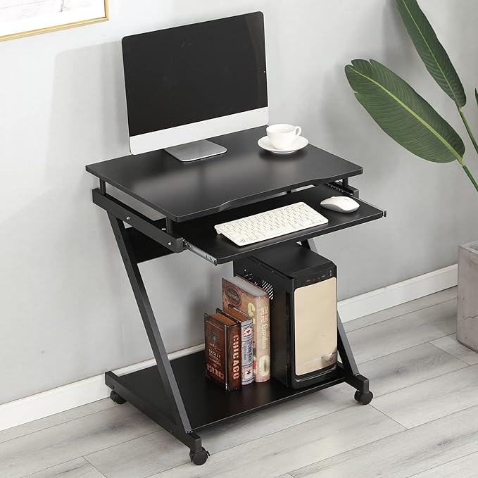 sogesfurniture Small Computer Desk on Wheels, Mobile Computer Desk Small Rolling Work Workstation with Printer Shelf and Keyboard Space Computer Workstation for Home and Office,Black - LeafyLoom