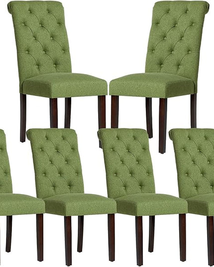 COLAMY Button Tufted Dining Chairs Set of 6, Parsons Upholstered Fabric Dining Room Chairs Kitchen Chairs with Wood Legs and Padded Seat, Green - LeafyLoom