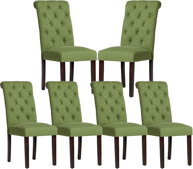 COLAMY Button Tufted Dining Chairs Set of 6, Parsons Upholstered Fabric Dining Room Chairs Kitchen Chairs with Wood Legs and Padded Seat, Green - LeafyLoom