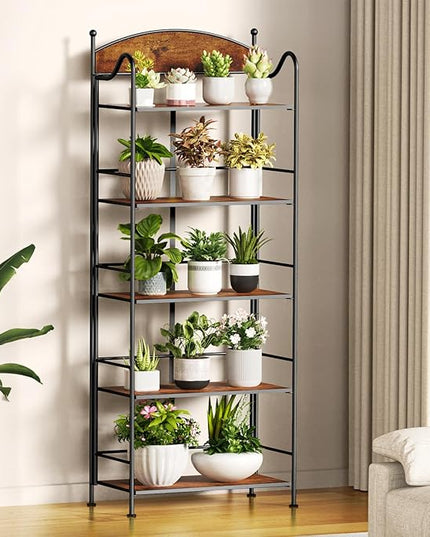 Folding Bookshelf No Assembly, 5 Shelf Black Folding Bookcase, Industrial Tall Metal Collapsible Corner Book Shelf with Storage Shelves for Bedroom, Living Room, Home Office Organization - LeafyLoom