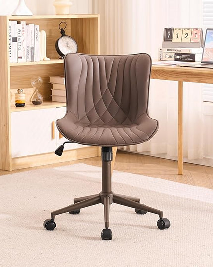 YOUTASTE Dark Brown Office Chair Modern Armless Desk Chair with Wheels Adjustable Swivel Rocking Rolling Computer Study Chairs Faux Leather Sewing Chairs with Back Stylish Vanity Chair - LeafyLoom