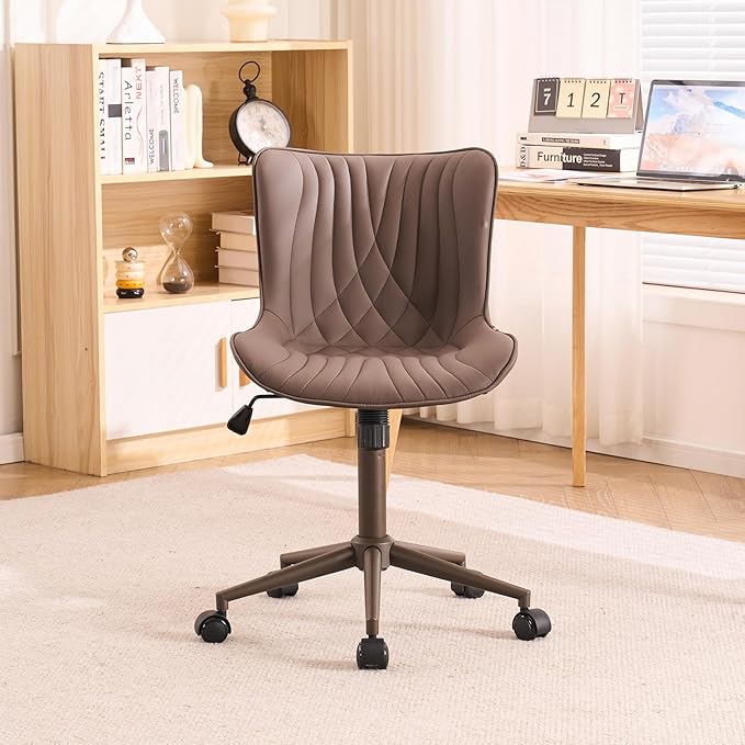 YOUTASTE Dark Brown Office Chair Modern Armless Desk Chair with Wheels Adjustable Swivel Rocking Rolling Computer Study Chairs Faux Leather Sewing Chairs with Back Stylish Vanity Chair - LeafyLoom