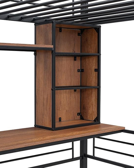 RITSU Twin Size Loft Bed with Desk and Storage Shelves, Metal BedFrame,w/Ladder & Fenced Around Guardrails, Easy Assembly, for Adults, Kids, Teens, Black - LeafyLoom
