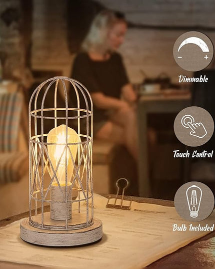 Small Table Lamp, Touch Control Table Lamp with Brushed White Oak Cage, Farmhouse Bedside Lamp 3-way Dimmable Nightstand Lamp Edison Lamp for Bedroom, Living Room, Hallway, Kitchen, LED Bulb Included - LeafyLoom