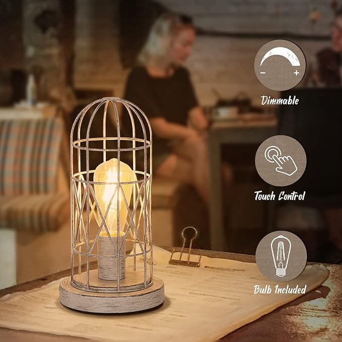 Small Table Lamp, Touch Control Table Lamp with Brushed White Oak Cage, Farmhouse Bedside Lamp 3-way Dimmable Nightstand Lamp Edison Lamp for Bedroom, Living Room, Hallway, Kitchen, LED Bulb Included - LeafyLoom