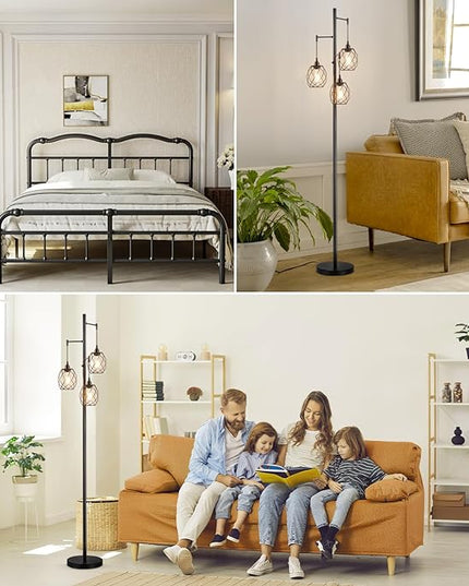 70" Dimmable Floor Lamp for Living Room, Industrial 3-light Tree Floor Lamp Black with Cages, Farmhouse Rustic Tall Standing Lamp Floor Lighting for Bedroom Office, LED Edison Bulbs - LeafyLoom