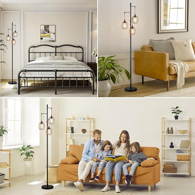 70" Dimmable Floor Lamp for Living Room, Industrial 3-light Tree Floor Lamp Black with Cages, Farmhouse Rustic Tall Standing Lamp Floor Lighting for Bedroom Office, LED Edison Bulbs - LeafyLoom