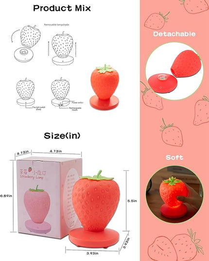 Strawberry Night Light, Cute Silicone Strawberry Lights Kawaii Room Decor, USB Rechargeable Bedside Lamp 3 Gear Touch Lighting, Cute Strawberry Gifts for Baby, Children, Toddlers, Teen Girls - LeafyLoom